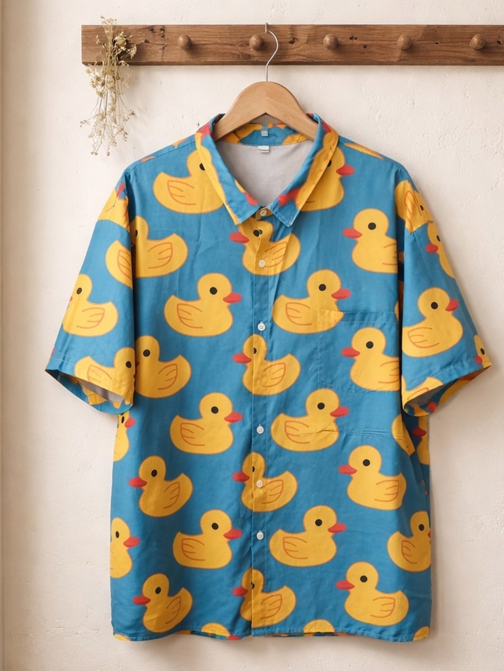 Blue Short-Sleeve Shirt with Yellow Duck Print